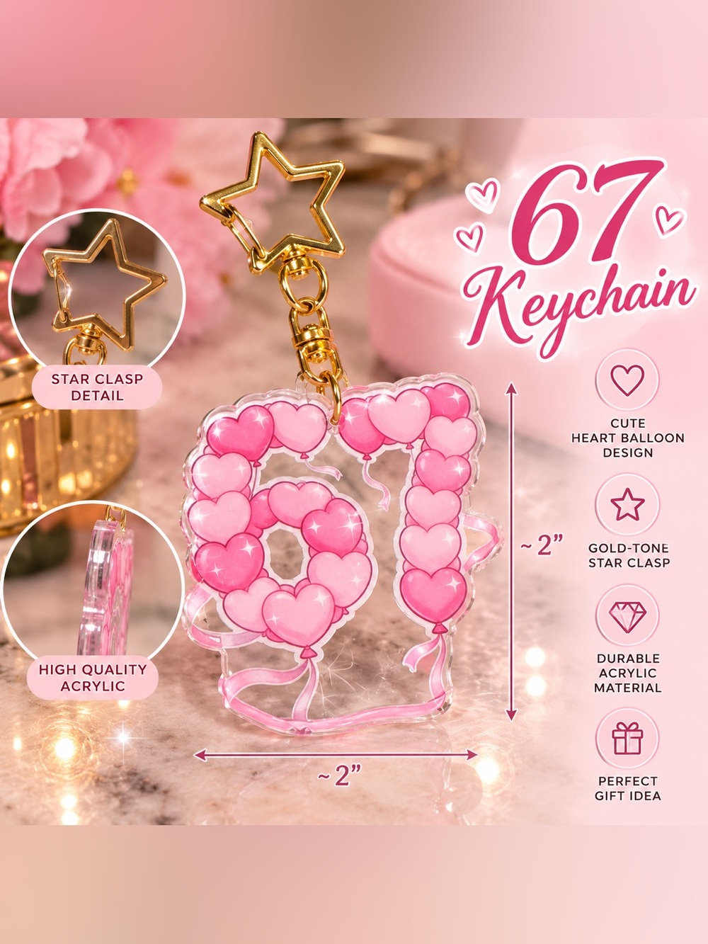 Pink Heart Balloon Number 67 Keychain with Gold Star Clasp